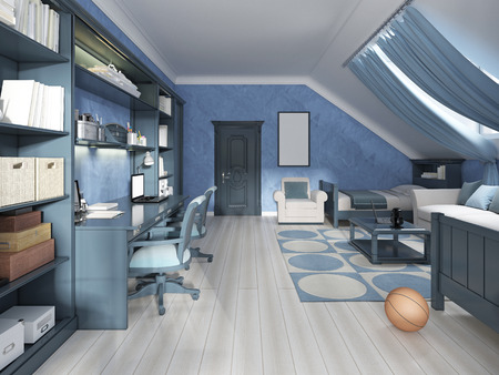 Luxury children room for two teenage boys. Room with two beds and a storage system for books and decor. 3D render.の写真素材