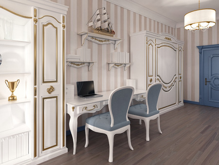 Storage system with cabinets and shelves for decoration in classic style in the nursery. Table for two jobs with two classic chairs. 3D render.の写真素材