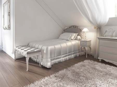 Children's white bed with blanket and pillows in art Deco style. The bed bench and night table with lamp. 3D render.の写真素材