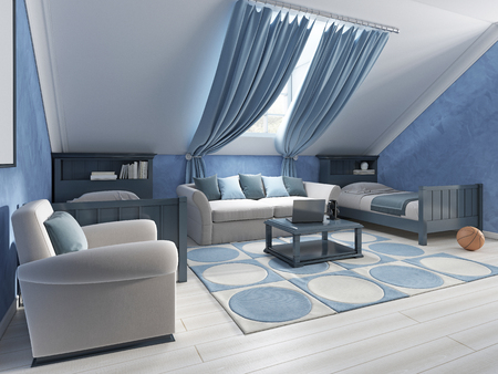 Children's room design in marine style for two children. Children's made in blue tones with two beds and a beige sofa. 3D render.の写真素材