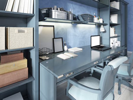 One Desk for two seats in a modern nursery. Storage and shelves with decor and books. 3D render.の写真素材