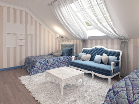 Luxury children's bedroom for two kids with twin beds in blue and milk color. 3D render.の写真素材
