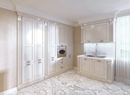 Classic kitchen with a Breakfast bar in ivory. 3D render.の写真素材