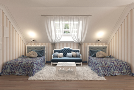 Luxury children's bedroom for two kids with twin beds in blue and milk color. 3D render.の写真素材