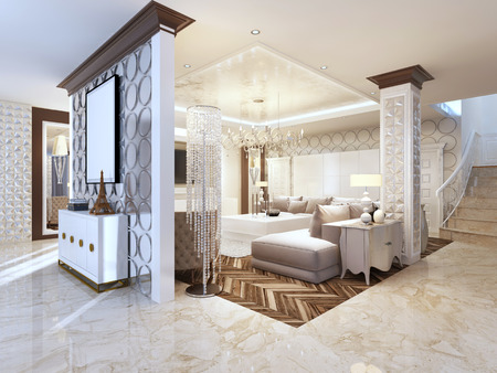 Interior wall in the hallway and chest decorated in the style of art Deco. On the wall white mockup poster. 3D render.の写真素材
