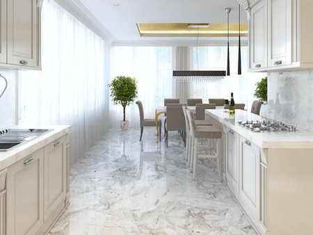 Luxury kitchen with opaline furniture in art Deco style. With Breakfast bar and bar stools. Built-in kitchen appliances. 3D render.の写真素材