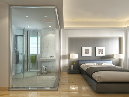 A luxury hotel room in a contemporary design with glass and see-through bathroom. 3D render.の写真素材