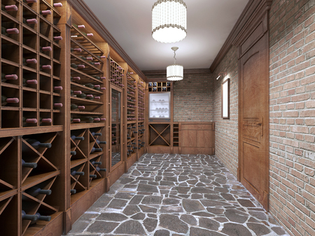 Wine cellar in the basement of the house in a rustic style. Open wine racks with bottles. 3D render.の写真素材