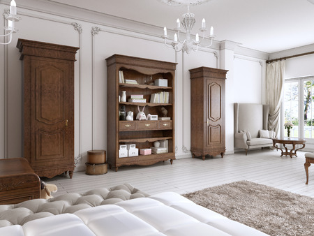 Two classic wardrobe and shelving brown colors with books and decor. The furniture in the nursery. 3D render.の写真素材