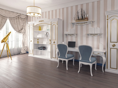 Storage system with cabinets and shelves for decoration in classic style in the nursery. Table for two jobs with two classic chairs. 3D render.の写真素材