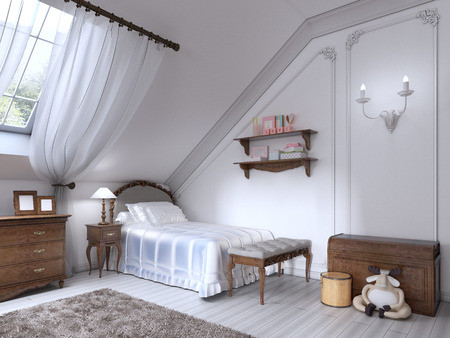 Luxury classic bed in the nursery with brown drawers and bedside table. 3D render.の写真素材
