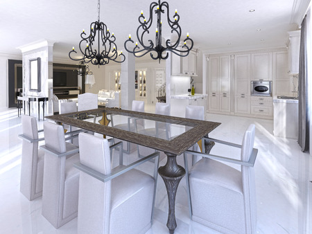 Luxurious dining room with dining table and designer chairs. Wooden table and glass countertop and two classic chandeliers over the table. 3D render.の写真素材