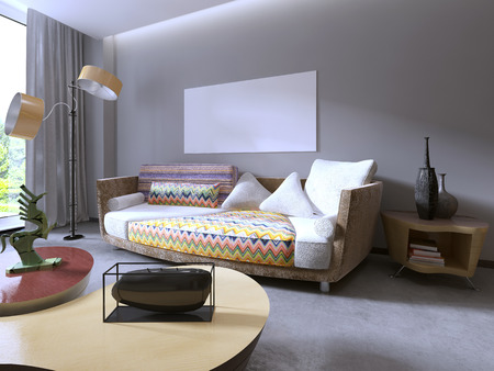 Modern beautiful colourful sofa designs. Living room and mockup poster on the wall. 3D render.
の写真素材