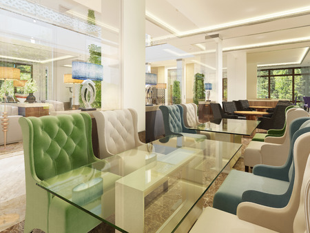 The interior design of the hotel, breakfastroom and cocktail bar, modern style. 3D render.の写真素材