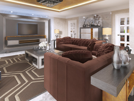 Luxurious living room in art Deco style with purple sofas and arm chair and storage on the TV. Coffee table and console with the decor. 3D render.の写真素材