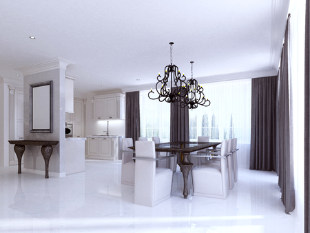 Classic white kitchen-dining room in the style of art Deco. Large dining table for eight modular kitchen with integrated appliances. 3D render.の写真素材