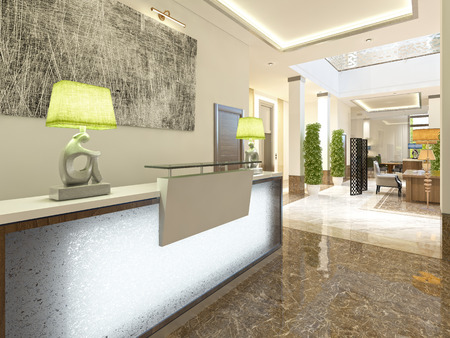 Modern design reception area for meeting registration and hotel visitors. 3D render.の写真素材