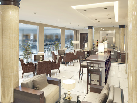 The interior design of the lobby with a Breakfast area. 3D renderの写真素材