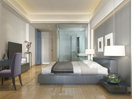 Modern hotel room with large bed, contemporary style with elements of art Deco. Decorative niche in the wall with lighting and glass bathroom. 3D renderの写真素材