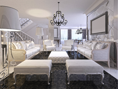 Luxury white living room with white furniture and black marble floor. Two classic sofa and chairs with banquettes. Two large floor lamp. 3D render.の写真素材