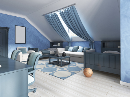 Children's room design in marine style for two children. Children's made in blue tones with two beds and a beige sofa. 3D render.の写真素材