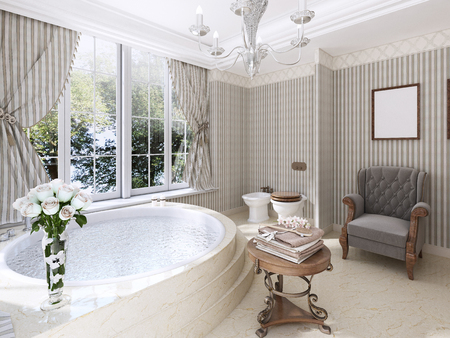 Large round bath in the bathroom in a classic style. Marble steps and floor. Low table for linen and toilet with bidet. 3D render.の写真素材