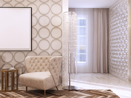 Seating area in the living room in the style of art Deco. Designer chairs and leather wall with decorative circles. 3D render.の写真素材