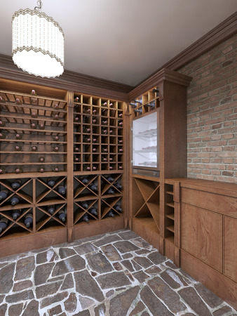 Wine cellar in the basement of the house in a rustic style. Open wine racks with bottles. 3D render.の写真素材