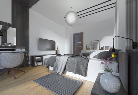 Luxurious, modern bedroom in contemporary style in black and white. Bedroom with decorative elements on the walls. 3D render.の写真素材