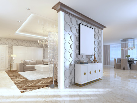 Interior wall in the hallway and chest decorated in the style of art Deco. On the wall white mockup poster. 3D render.の写真素材