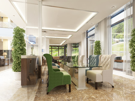 The interior design of the hotel, breakfastroom and cocktail bar, modern style. 3D render.の写真素材