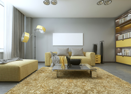 Yellow sofa in modern living room with white poster on the grey wall. 3D renderの写真素材