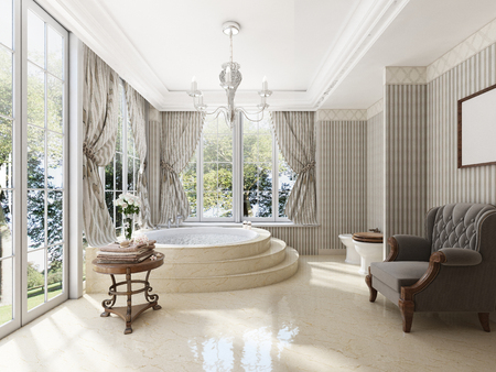 Bathroom in luxury neo-classical style with sinks tubs and a large round bath with marble steps. A comfortable chair for relaxing. 3D render.の写真素材