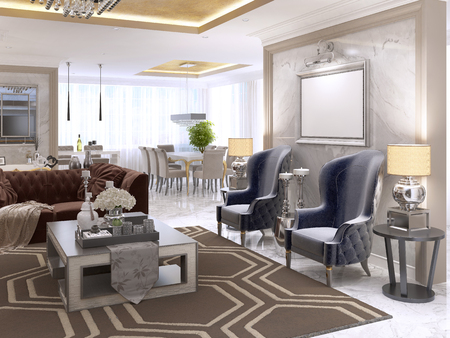 Two luxurious armchairs in the style of art Deco with a coffee table and the picture illuminated on the wall. Two bedside tables with large lamps. 3D render.の写真素材