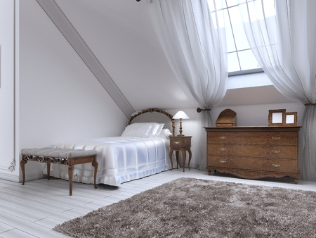 Luxury classic bed in the nursery with brown drawers and bedside table. 3D render.の写真素材