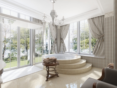 Large round bath in the bathroom in a classic style. Marble steps and floor. Low table for linen and toilet with bidet. 3D render.の写真素材