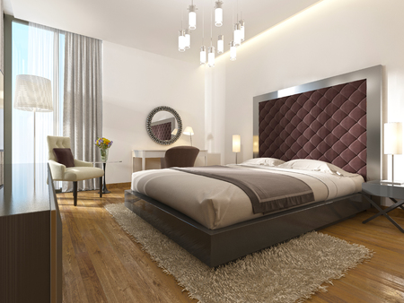 A luxury hotel room in art Deco. With a large bed, dressing table and TV unit. 3D render.の写真素材
