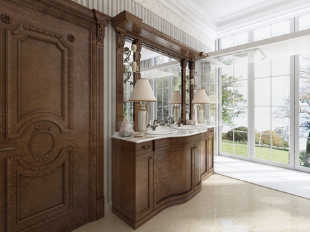 Luxury neoclassical furniture in modern style in the bathroom. Double vanity bathroom with two table lamps and shelves. 3D render.の写真素材