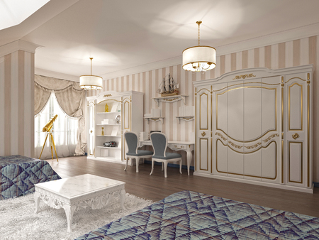 Storage system with cabinets and shelves for decoration in classic style in the nursery. Table for two jobs with two classic chairs. 3D render.の写真素材
