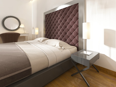 Soft, quilted headboard, Burgundy color, metal frame and bedside tables with lamps. 3D render.の写真素材