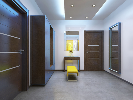 Modern lobby hallway in the contemporary style. Brown furniture, glass interior doors are yellow. 3D render.の写真素材