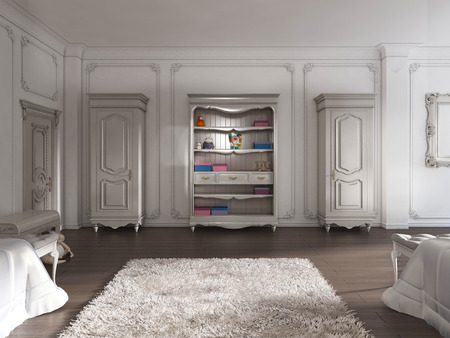 Children's furniture in Provence style in the classic children's room. Two cabinets and shelving for books and toys. 3D render.の写真素材
