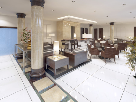 The interior design of the lobby with a Breakfast area. 3D renderの写真素材