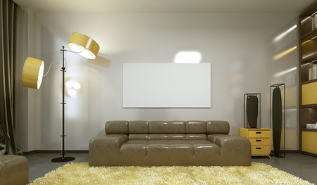 Mockup poster on the wall in a modern living room. 3D render.の写真素材