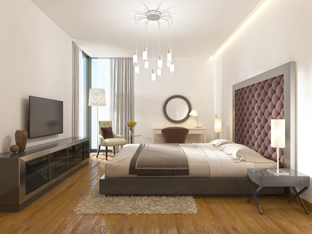 A luxury hotel room in art Deco. With a large bed, dressing table and TV unit. 3D render.の写真素材