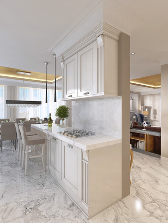 Luxury kitchen with opaline furniture in art Deco style. With Breakfast bar and bar stools. Built-in kitchen appliances. 3D render.の写真素材