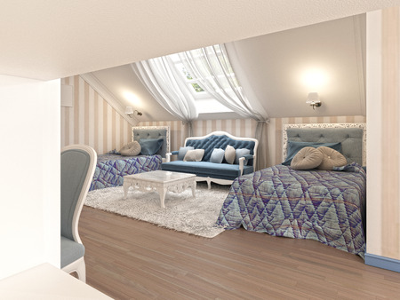 Luxury children's bedroom for two kids with twin beds in blue and milk color. 3D render.の写真素材