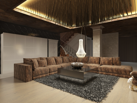 Luxury modern living room done in the art Deco style in dark brown tones. The design is made in brown and yellow color. 3D render.の写真素材
