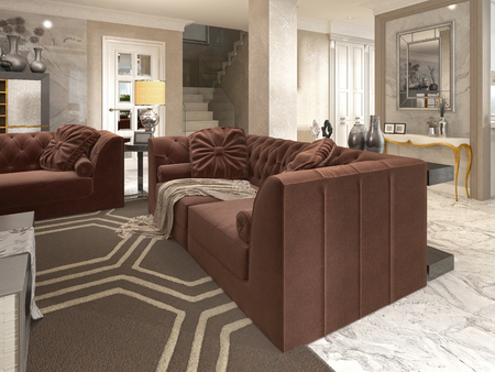 Luxury designer apartment-studio in art Deco style. Living area blending smoothly into the dining room and kitchen. The Golden ceiling and the marble white floor. 3D render.の写真素材