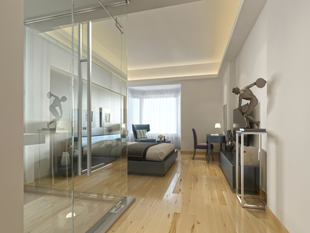 A luxury hotel room in a contemporary design with glass and see-through bathroom. 3D render.の写真素材